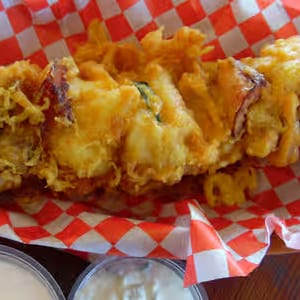 Fish Kabob with chips.